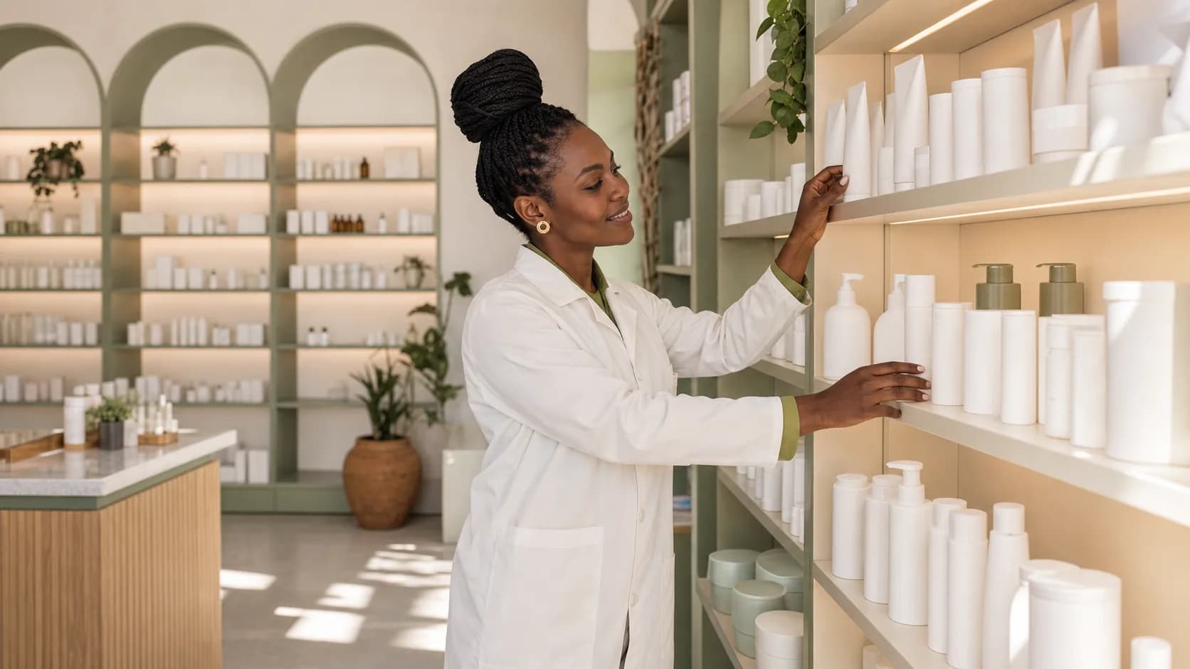 Pharmacienne présentant une sélection de marques
