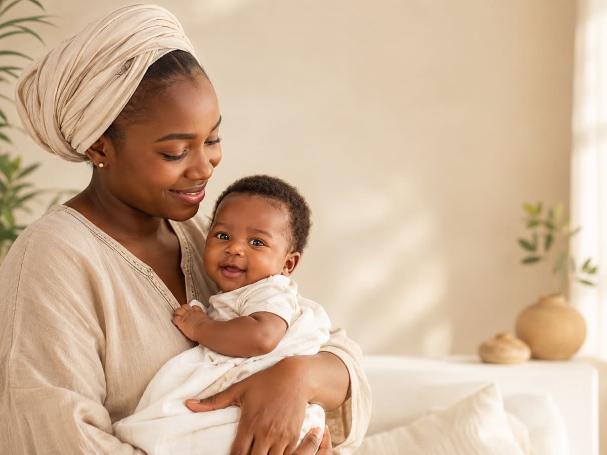 Mère noire tenant son bébé dans une pièce lumineuse