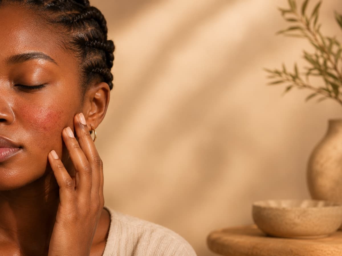 Femme noire touchant une joue présentant une rougeur visible