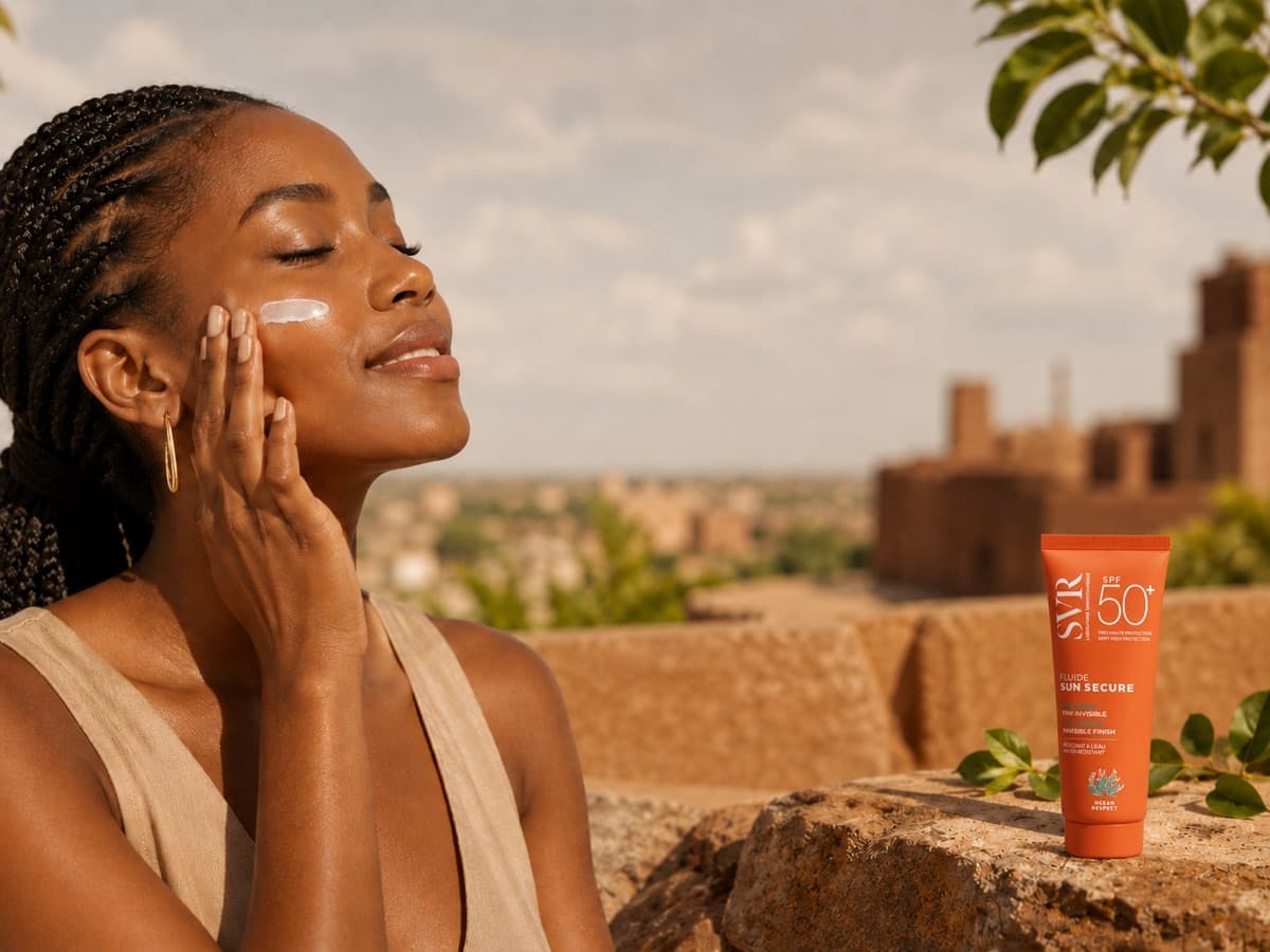 Femme noire appliquant une protection solaire en extérieur à Bamako