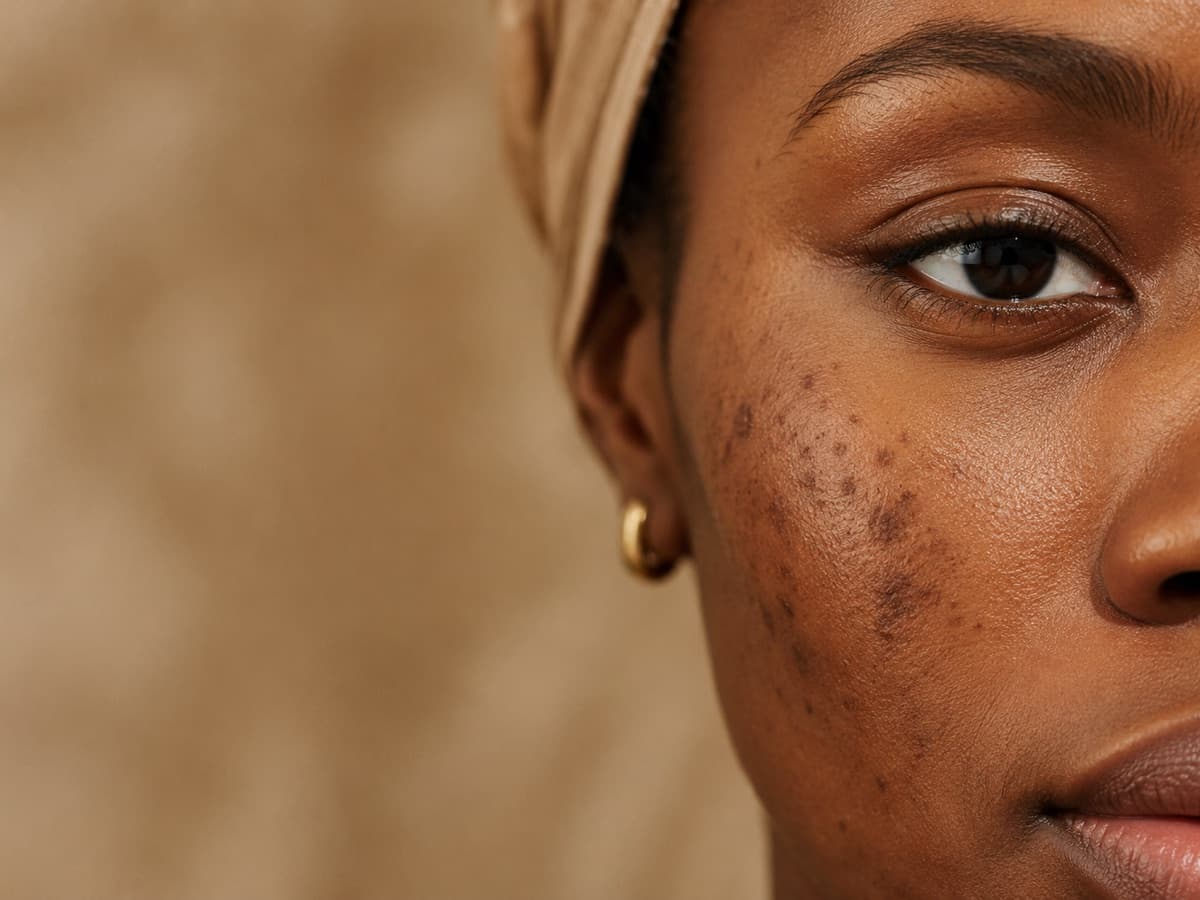 Gros plan sur une peau noire présentant des taches pigmentaires visibles